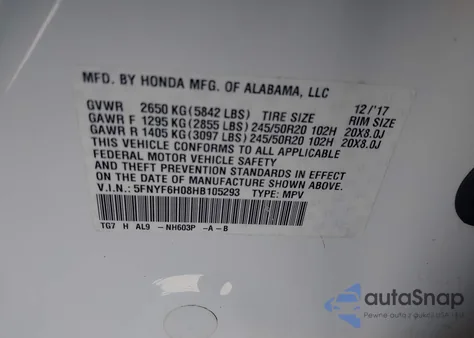 2017 Honda Pilot Elite из США, поврежденный, VIN 5FNYF6H08HB105293